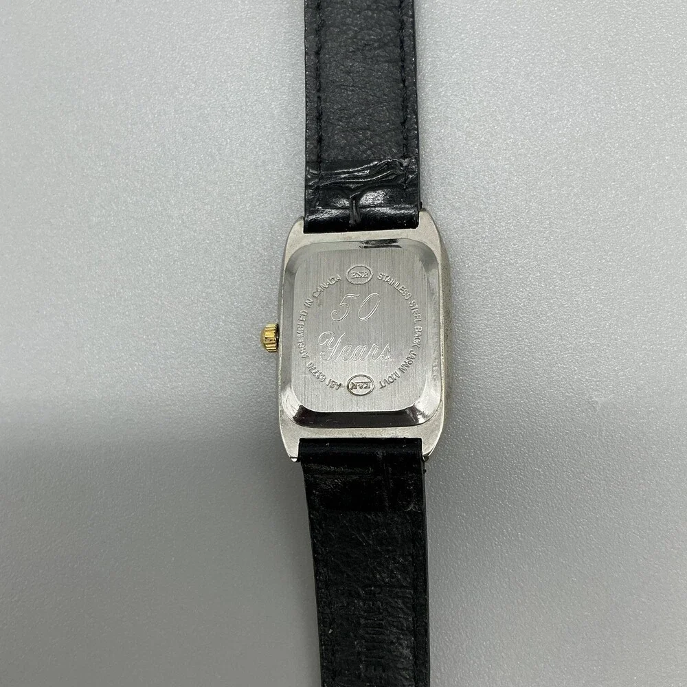 Golf Women Watch 21mm Silver Dial Black Leather Two Tone Rectangular New Battery